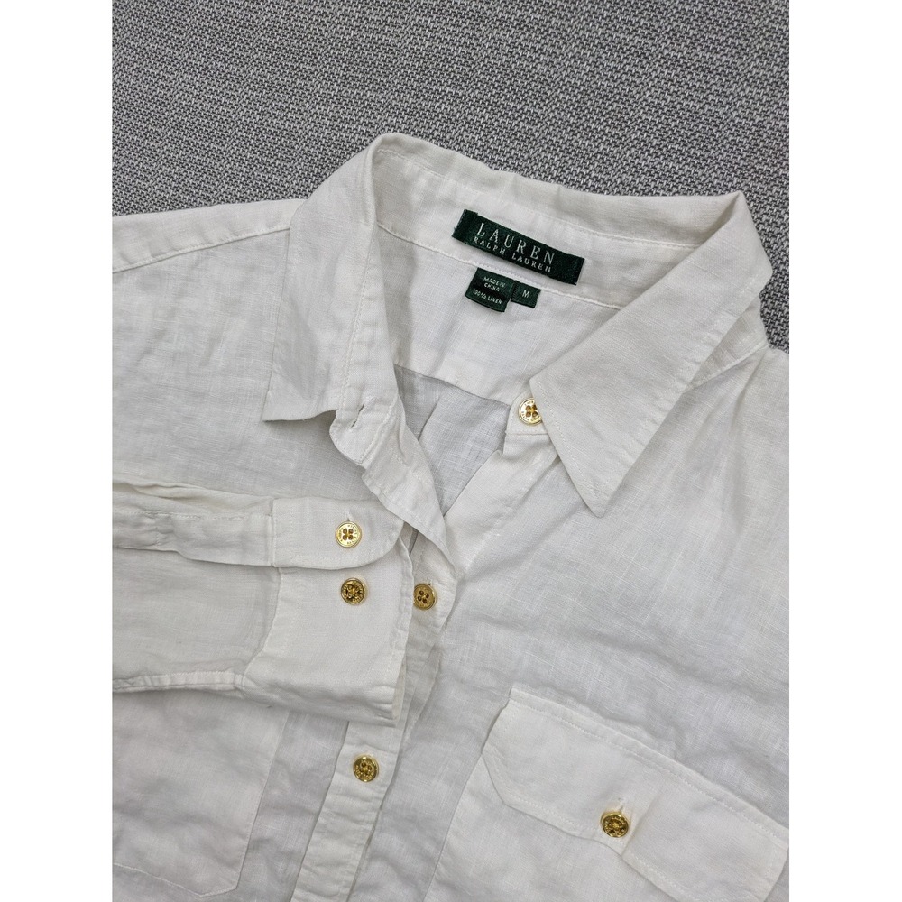 Lauren Ralph Lauren Shirt Womens Medium White Linen Button Up Long Sleeve Top